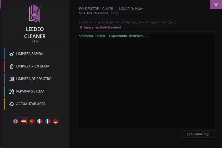 Interfaz de Leedeo Cleaner
